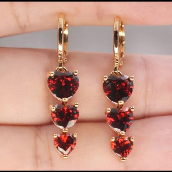 18k Gold Filled Red Ruby Triple Heart Earrings - Picture 2 of 4